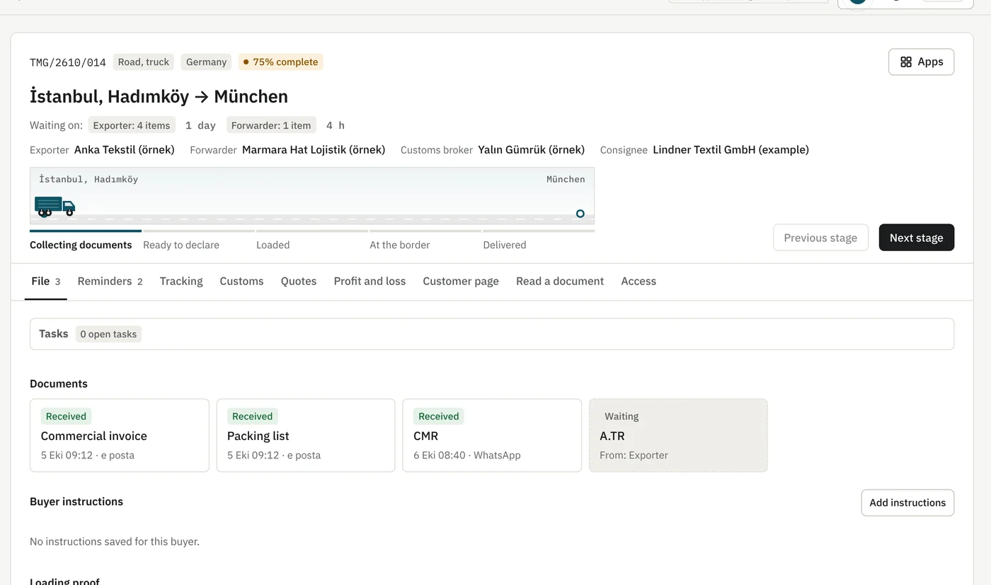 Shipment file from İstanbul to München with stages, parties and documents