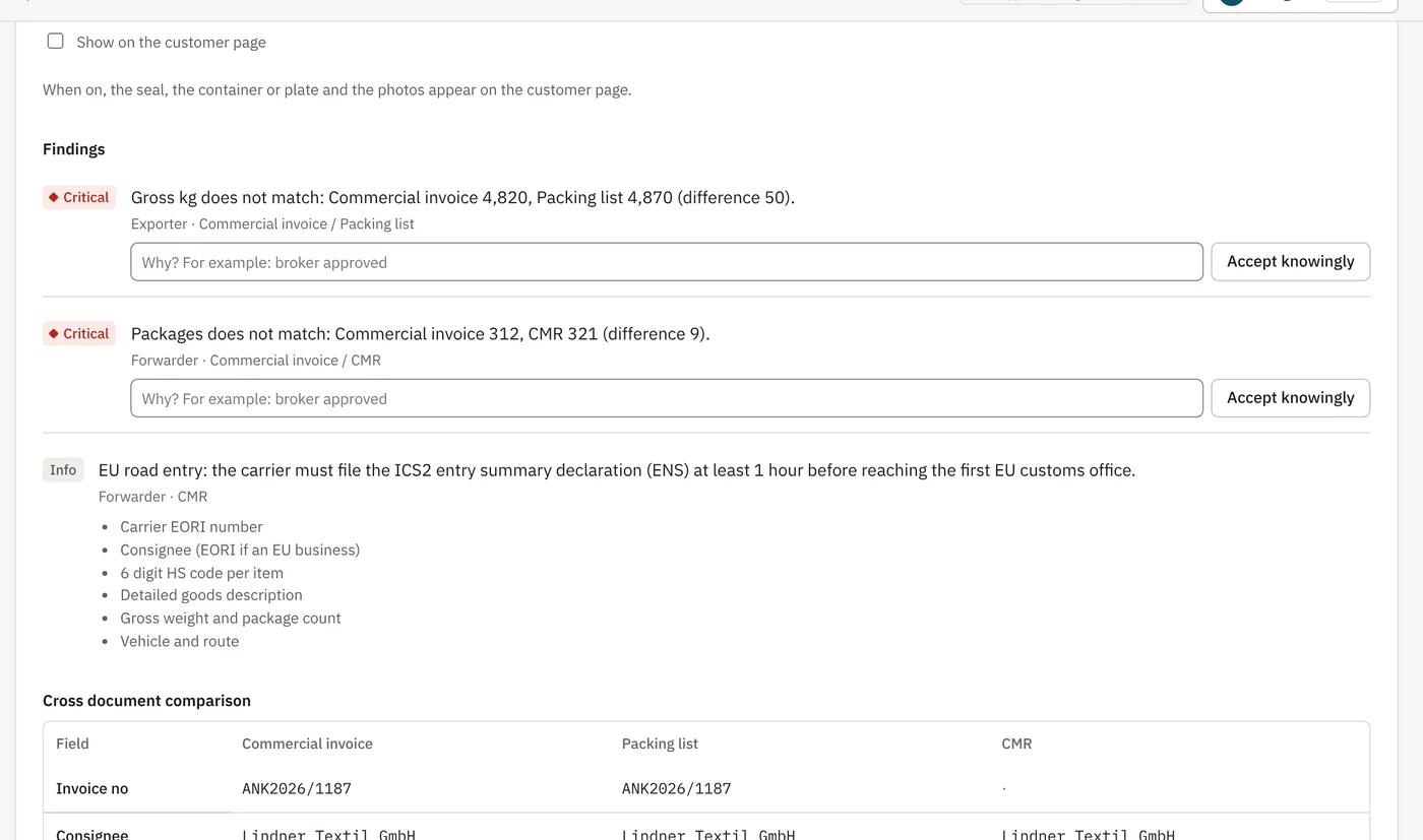 Findings and cross document comparison table showing gross weight and package mismatches