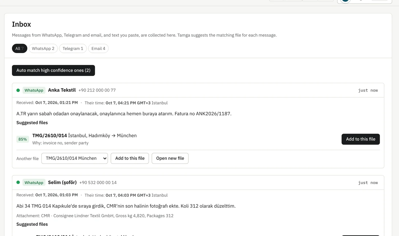 Inbox matching a WhatsApp message to shipment TMG/2610/014
